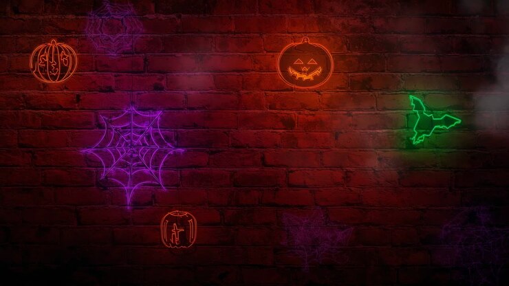 Revealing five neon Halloween icons pulsing across red-tinged brick wall, drifting pale fog effect