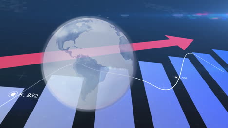 animation of line with financial data processing with red arrow descending and globe