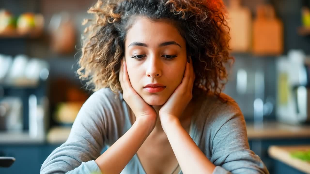 una mujer sentada en una mesa con las manos en la cara