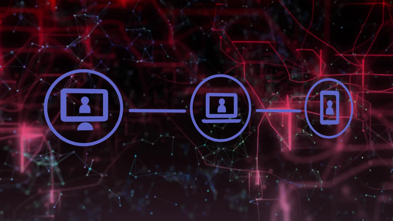 Animation of network of connections with icons on black background