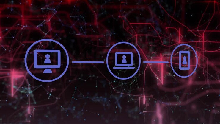 Animation of network of connections with icons on black background