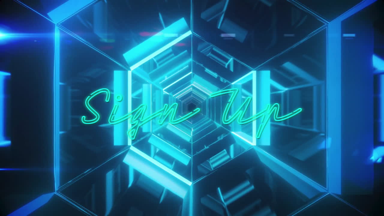 Neon Sign Up text over futuristic geometric blue light tunnel animation