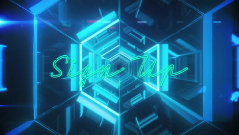 neon sign up text over futuristic geometric blue light tunnel animation