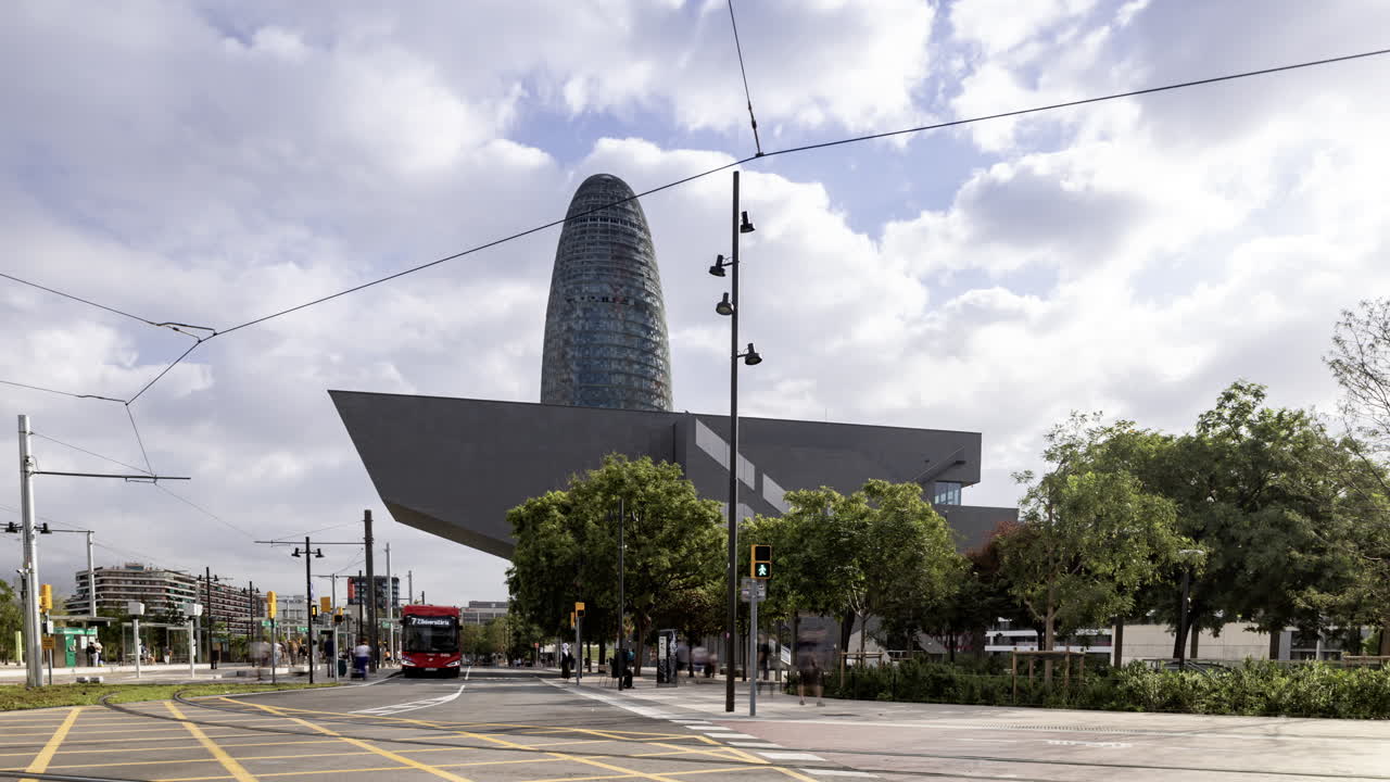 Timelapse of Glories Metro Station In Barcelona and skyline with rush of people and transport