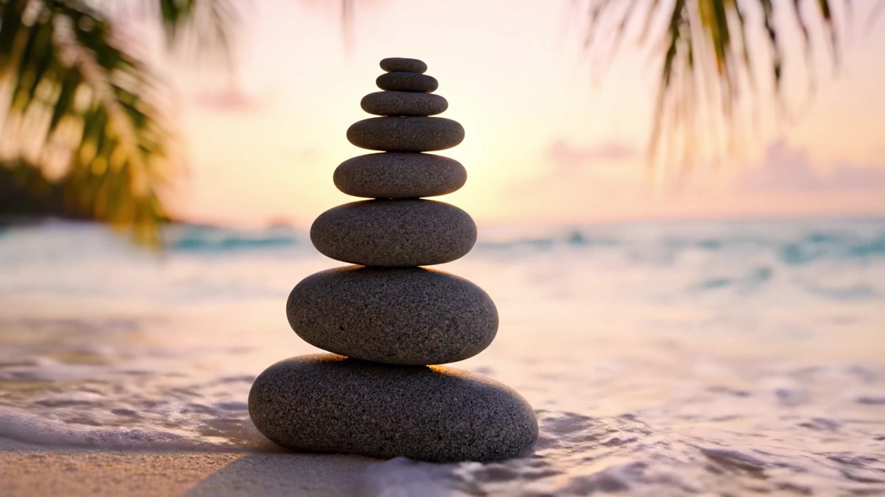 Un sereno cumulo di pietre impilate sulla spiaggia al tramonto, che simboleggia pace, tranquillità ed equilibrio tra le dolci onde dell'oceano e le lussureggianti fronde di palma.