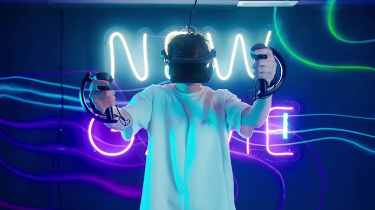 Young Person Playing Virtual Reality Game in Neon Lit Room
