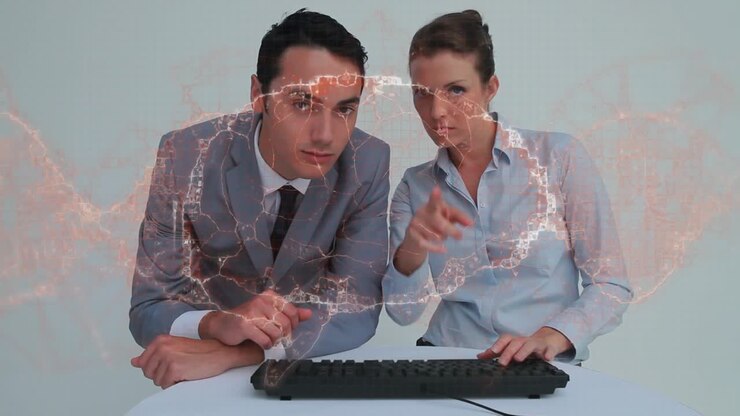 Animation of human brain and dna strand over business people using computer