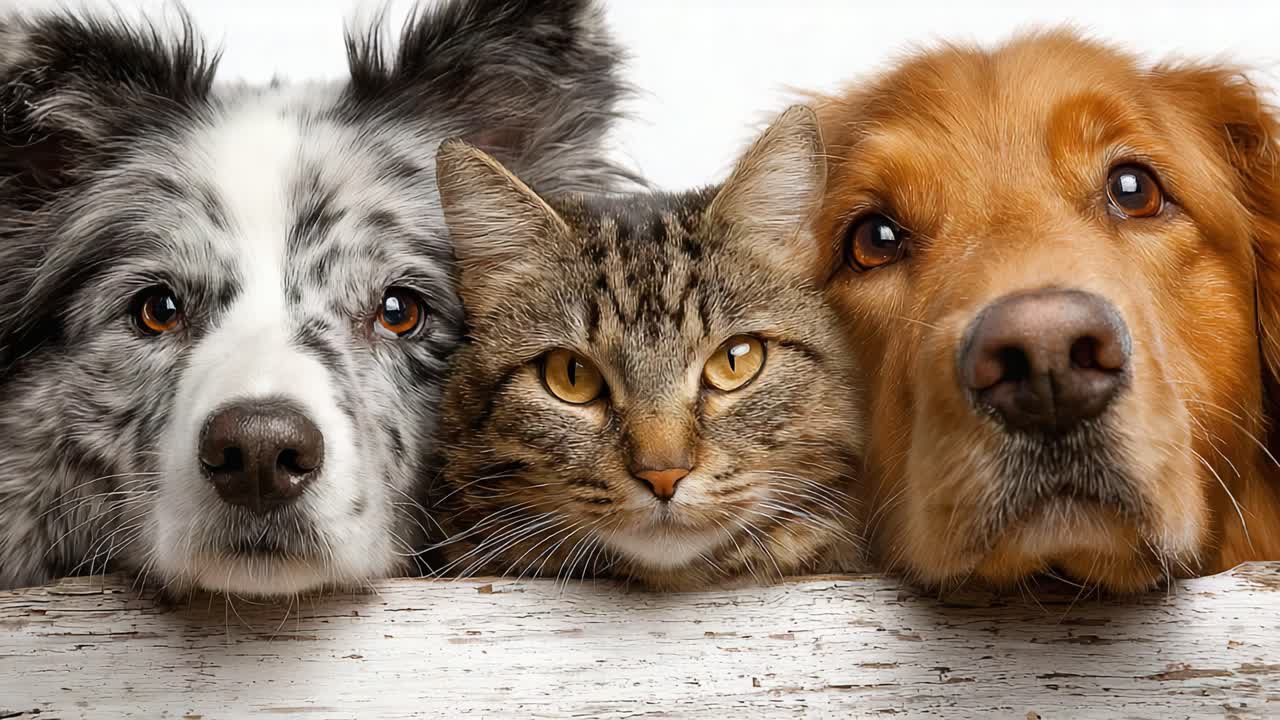 A Heartwarming Trio: A Playful Gathering of a Grey Border Collie, a Golden Retriever, and a Curious Tabby Cat Snuggling Together in a Charming Portrait