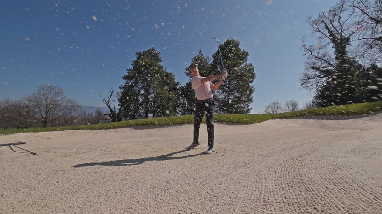 Young golfer playing on a sunny spring day in Switzerland, showcasing precise chipping, putting, bunker, and approach shots. Perfect for sports, lifestyle, and outdoor themes.
