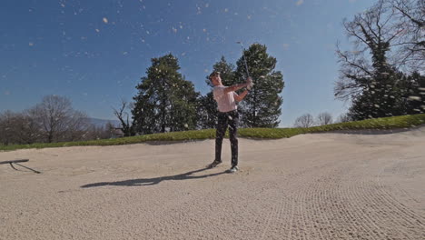 young golfer playing on a sunny spring day in switzerland, showcasing precise chipping, putting, bunker, and approach shots. perfect for sports, lifestyle, and outdoor themes.