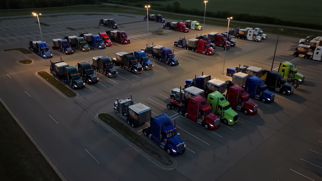 Aerial view of numerous semi-trucks parked in a large lot at dusk