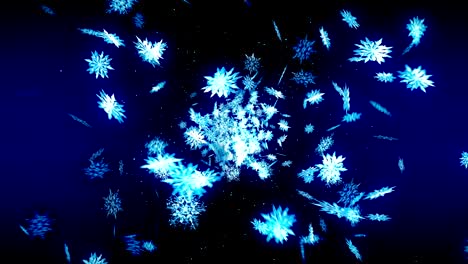 snowflakes falling on blue background, loop glitter animation,