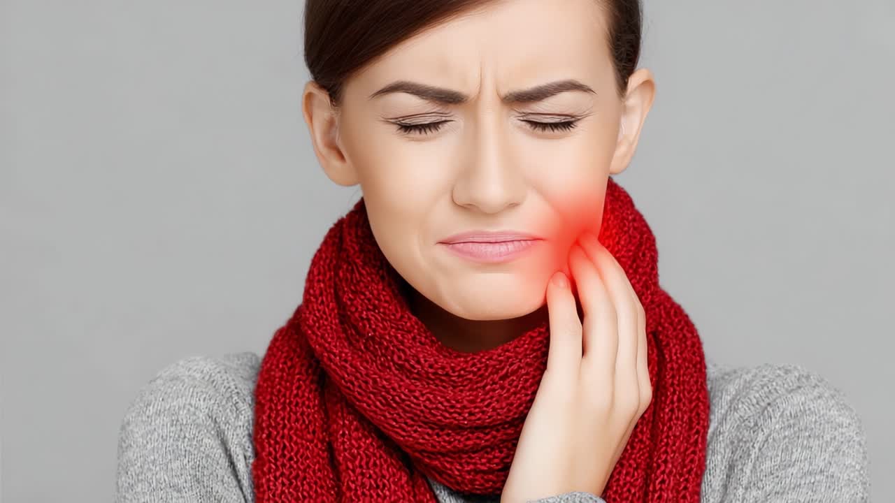 Donna con Dolore ai Denti Mentre Indossa una Sciarpa Comoda, Illustrando il Disagio e i Sintomi di Problemi di Salute Orale in un Ambiente Tranquillo.