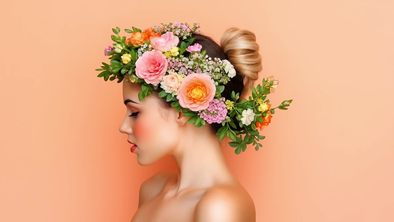 Woman in studio with floral crown. A young woman poses gracefully with a floral crown, showcasing vibrant flowers against a soft peach background.