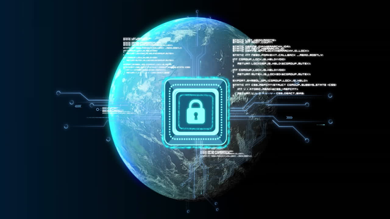 Digital lock icon and data processing animation over Earth in space