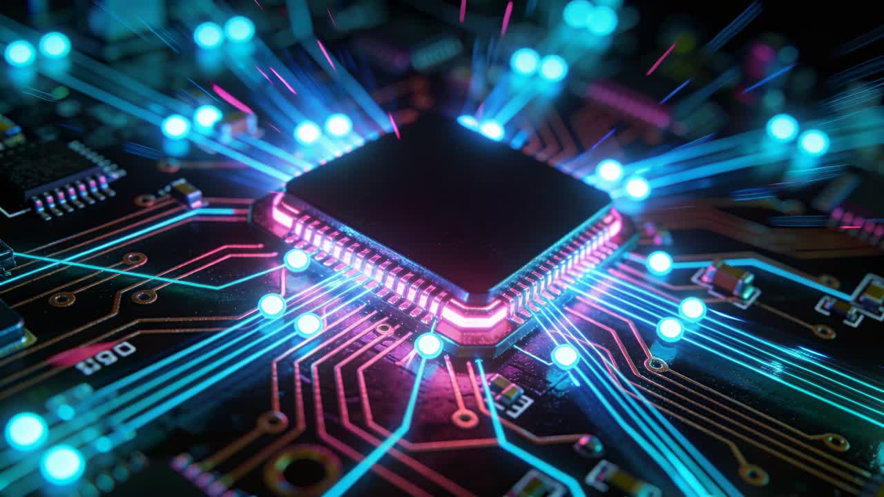 Activating central square microprocessor after power-up signal, pulsing cyan nodes along PCB traces