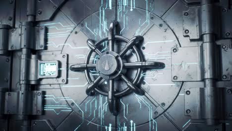 a high-tech security vault featuring advanced lock mechanism and futuristic circuit design in a modern aesthetic setting