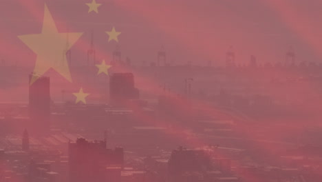animación de la bandera de china sobre el paisaje urbano