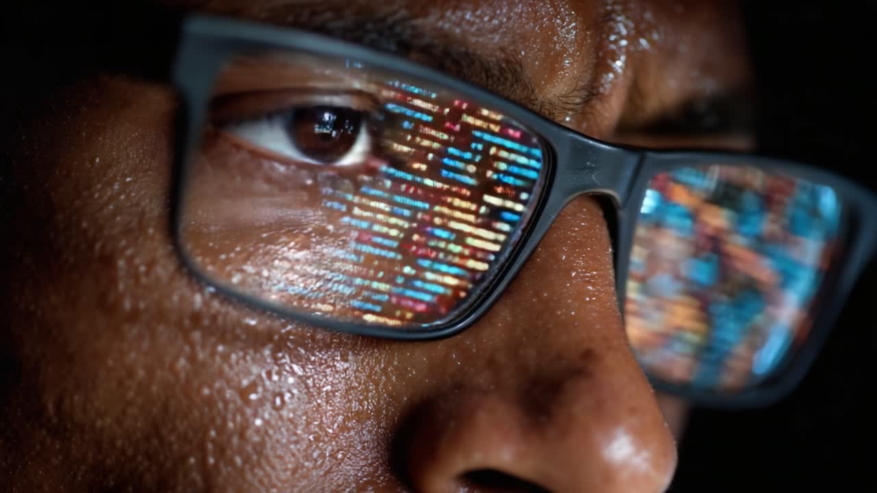 A Close-up View of an Individual Analyzing Code Through Reflective Glasses, Representing Focused Attention on Programming and Data Analysis