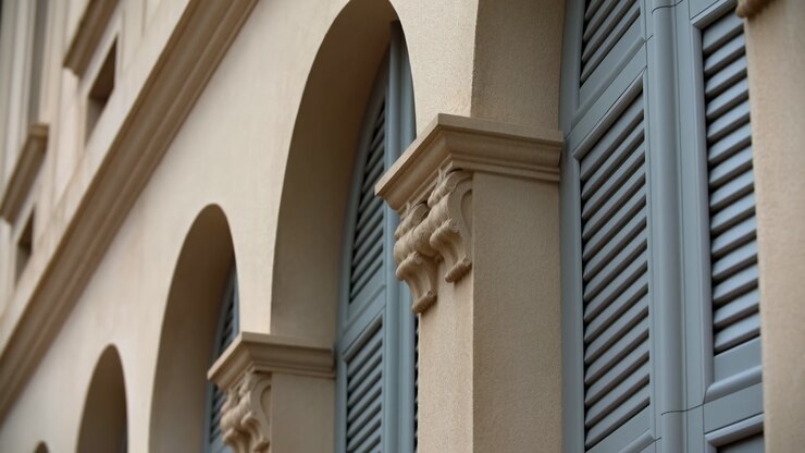 Arched Facade With Blue Shutters, Repeating Stucco Arches And Decorative Pilasters Closeup, Louvered Windows