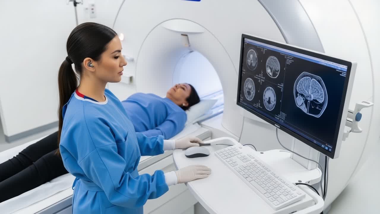 Medical Professional Operating MRI Scanner While Patient Undergoes Imaging Procedure in Clinical Setting, Ensuring Safety and Accurate Diagnosis with Advanced Technology
