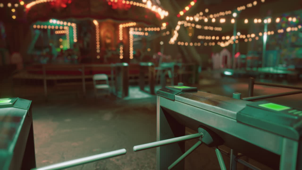Empty amusement park with closed turnstiles during nighttime hours