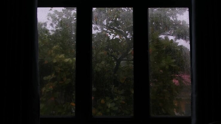 window overlooking a rainy landscape during a rainstorm, capturing falling rain, wet surfaces, and atmospheric overcast weather.