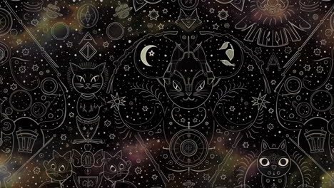 celestial cat and space themed pattern