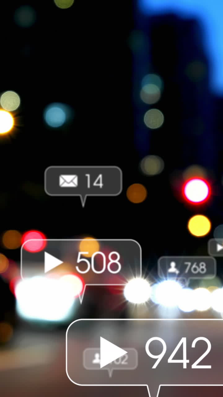 Animação de ícones de redes sociais e números sobre trânsito rodoviário e paisagem urbana