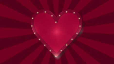 big love heart flashing blubs on red sunbeam background.