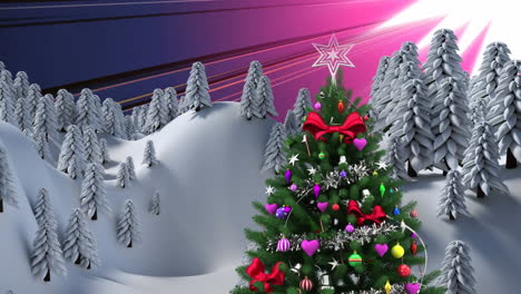 animación del paisaje de la tierra de invierno y decoración navideña sobre rayos violetas brillantes