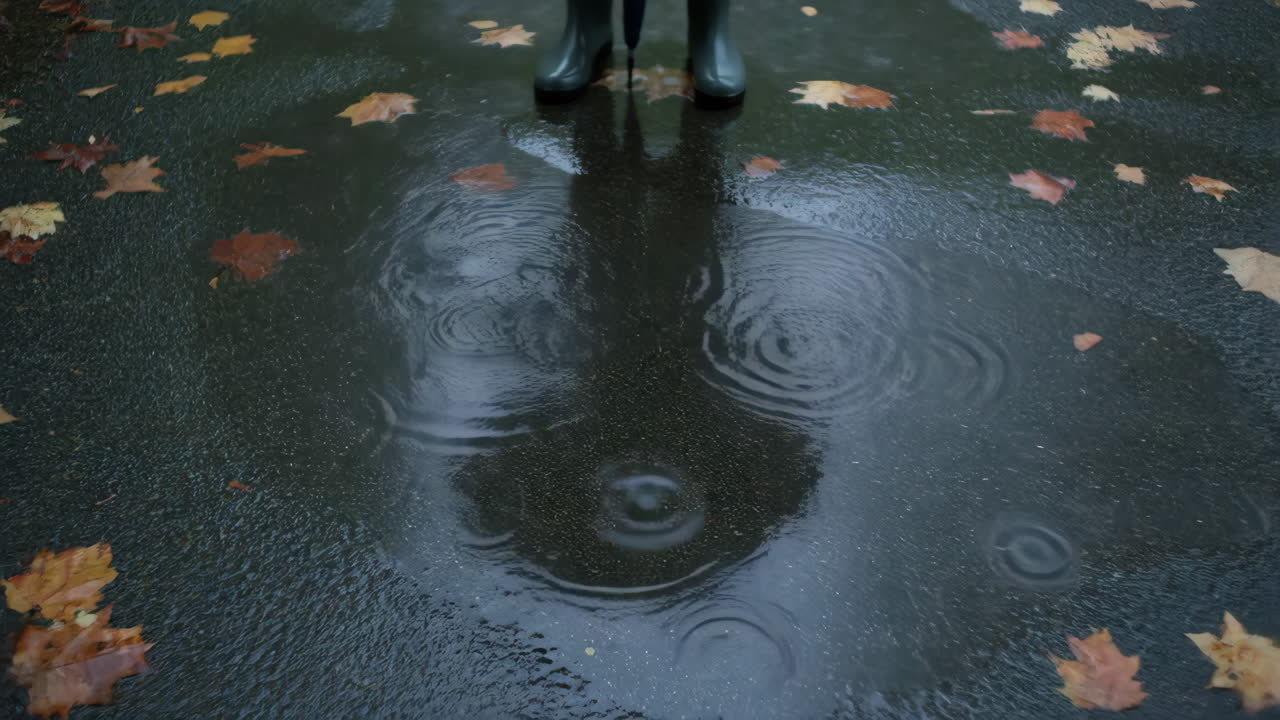 Person in wellington boots standing in a puddle with autumn leaves and reflection