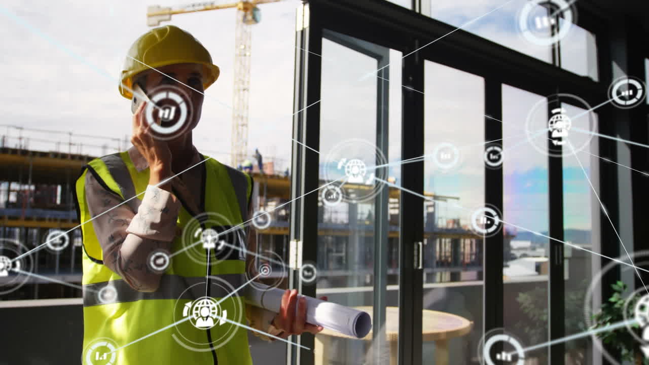 animación de una red de conexiones con iconos sobre una trabajadora caucásica hablando en un teléfono inteligente.