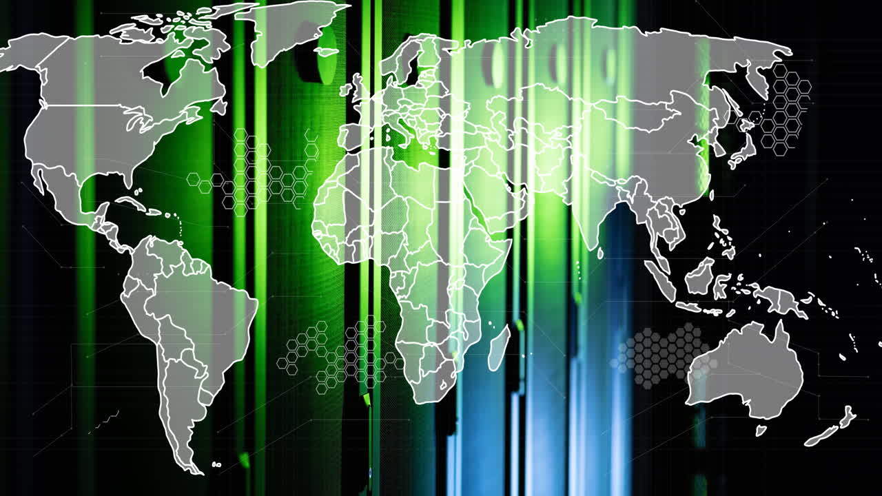 Animation of data processing with world map over computer servers