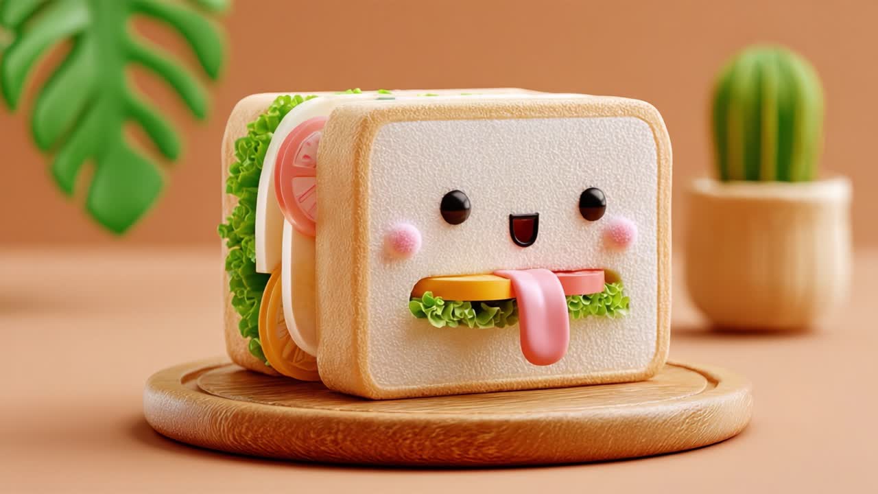 明るい茶色の背景で鮮やかな緑に囲まれ、幸せそうな顔で喜びを表現する、気まぐれで遊び心のあるサンドイッチのキャラクター。