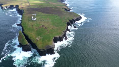 loophead peninsula with waves crashing against cliffs, clear sky, aerial view