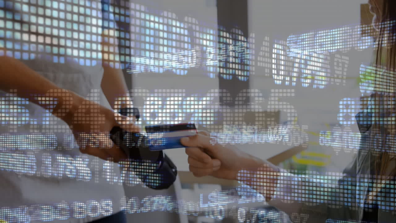 Animation of data processing over Caucasian woman sitting in a restaurant