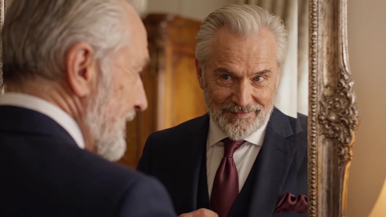 En raffineret herre med sølvhår og skæg betragter eftertænksomt sit spejlbillede i et luksuriøst spejl, udstrålende visdom og elegance i hver detalje.