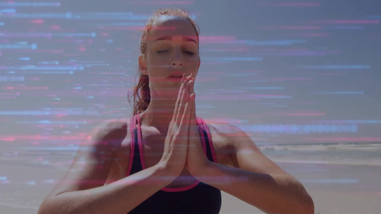 Woman inhaling lifting pressed palms to forehead on beach health yoga glitch overlay crossing her