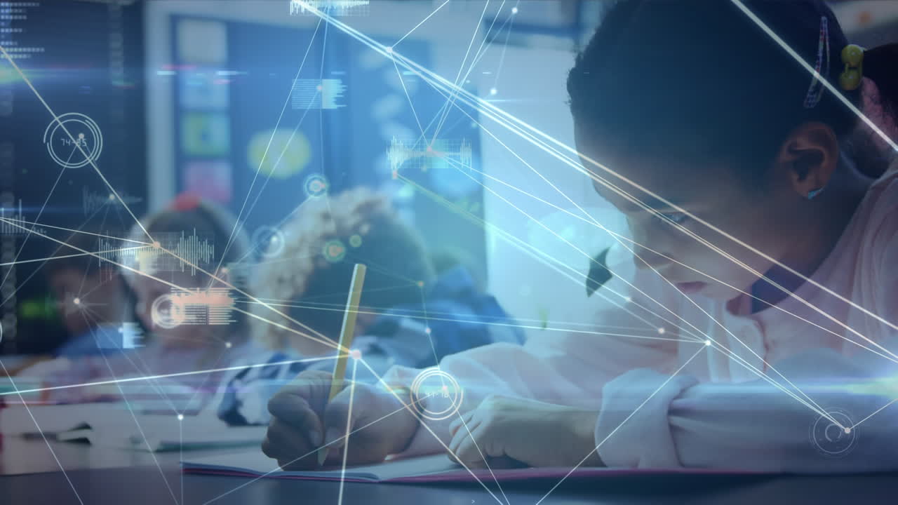 배경에 연결된 점의 웹을 통해 교실에 있는 아이들의 애니메이션