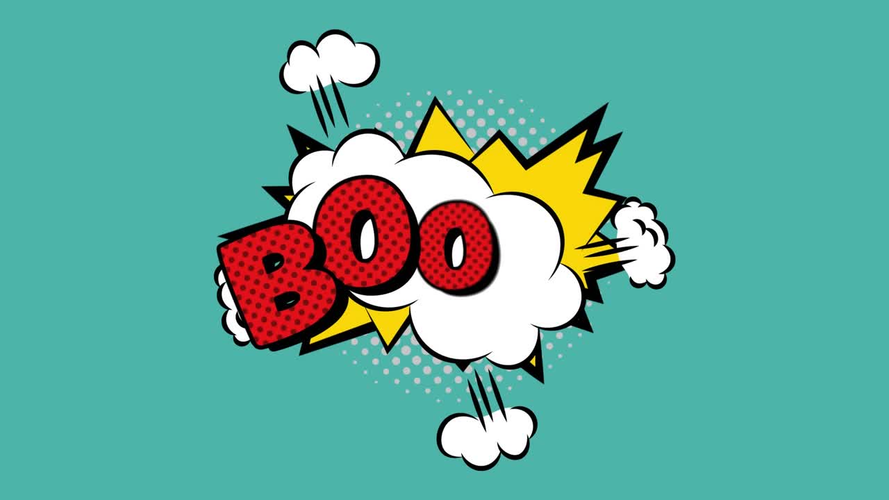 Animation of comic options text over multiple comic speech bubbles with comic sound effects texts