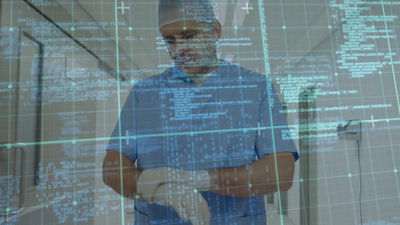 Animation of data processing over caucasian male surgeon