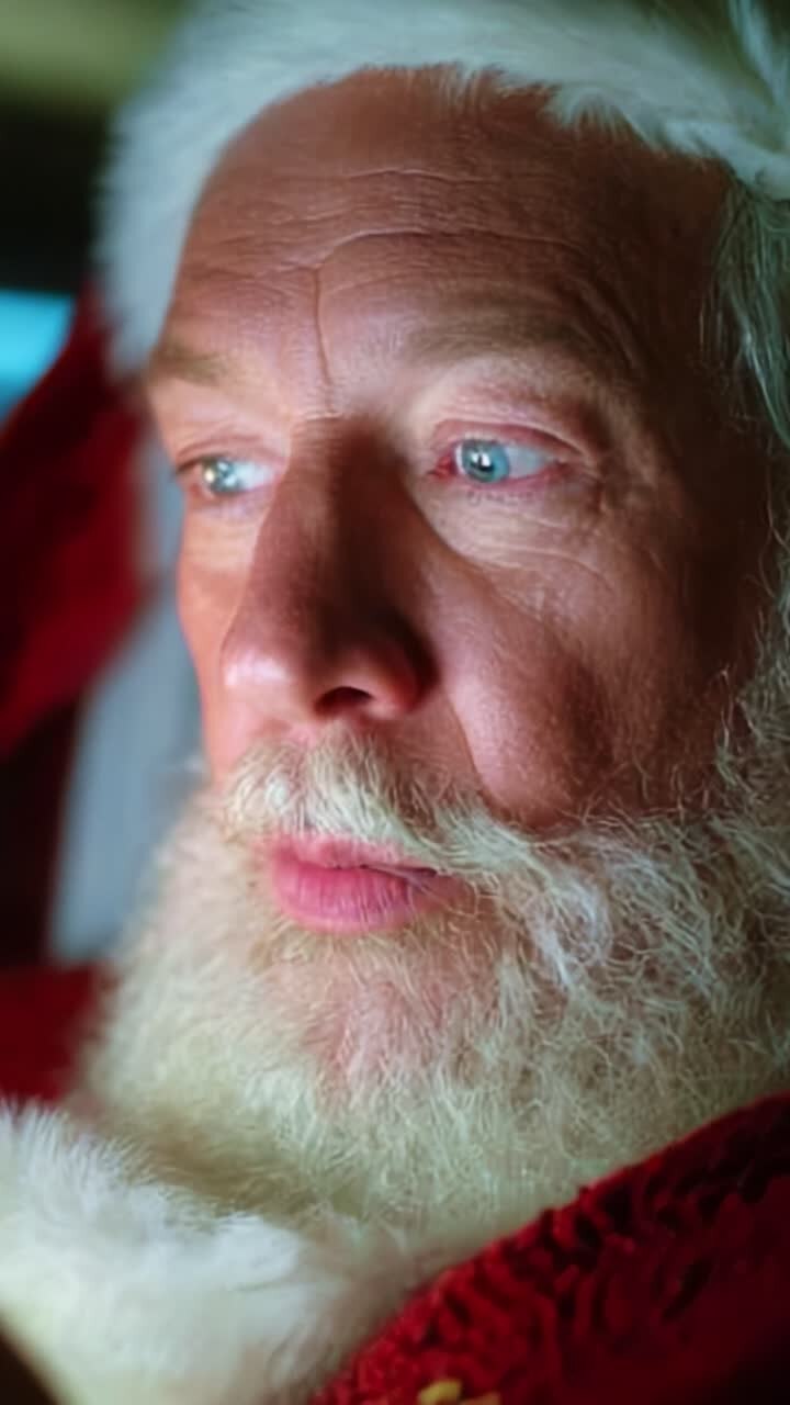 Un primo piano di un uomo pensieroso in costume da Babbo Natale, che cattura l'essenza dello spirito natalizio, con un'espressione gentile, occhi luminosi e una barba bianca folta, che incarna la magia del Natale in una luce soffusa
