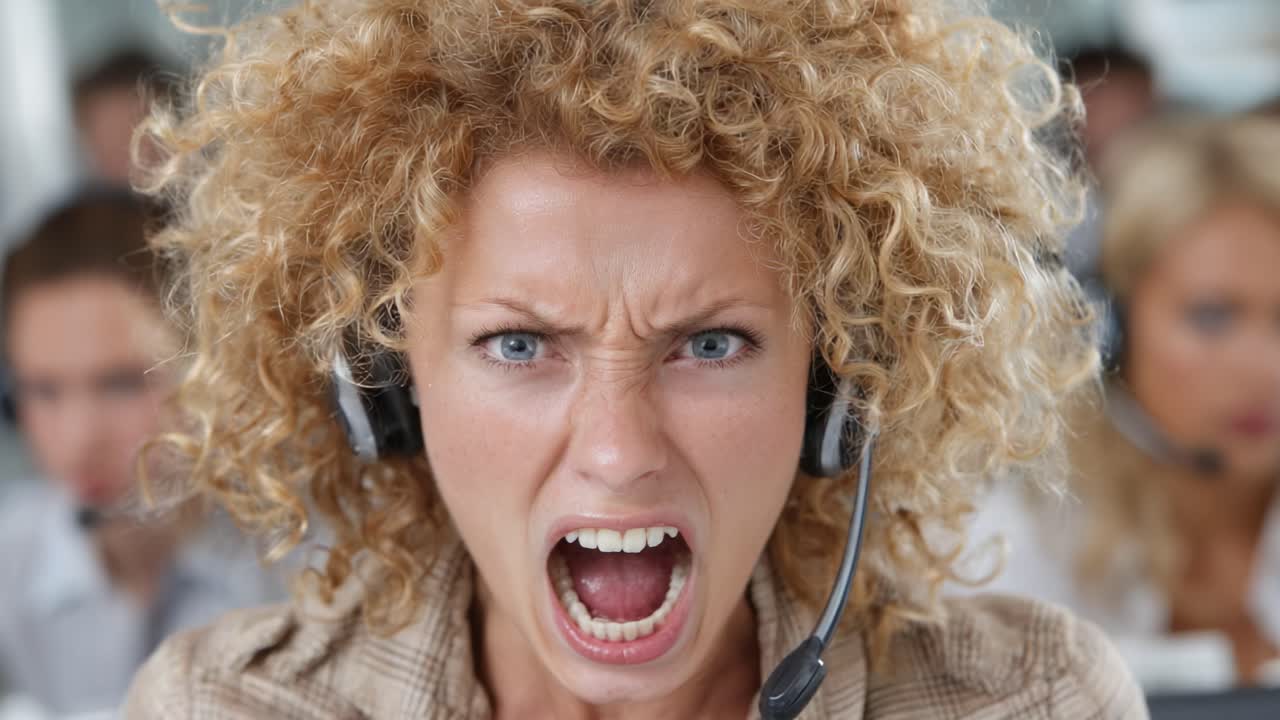 Intense Reaction: An Overwhelmed Call Center Employee Expresses Frustration and Anger During High-Pressure Customer Interactions