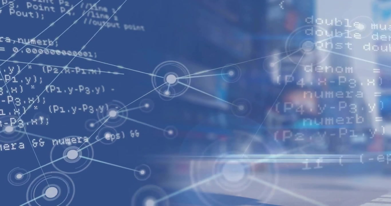 Animation of network of connections and data processing over cityscape