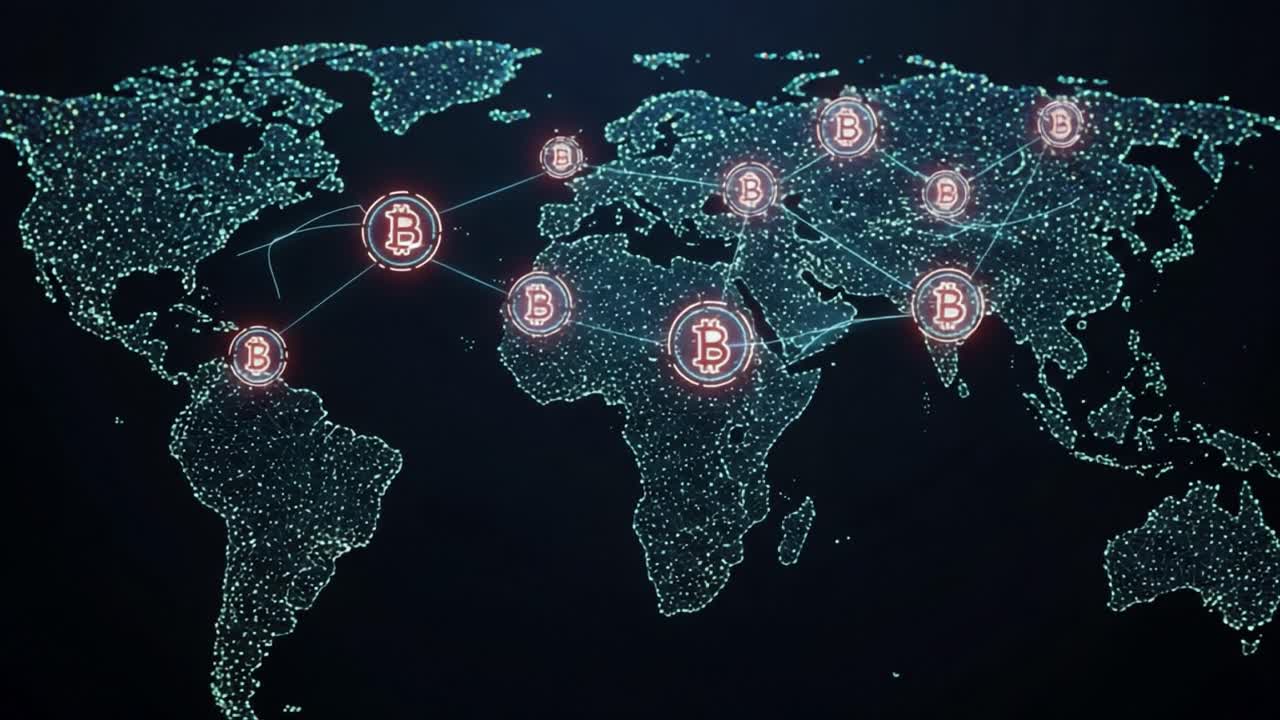 Visual Representation of Global Cryptocurrency Network Mapping, Highlighting Bitcoin Connectivity Across Continents and Nodes with Dynamic Data Points