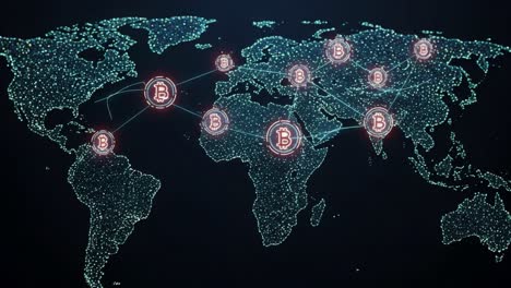 visual representation of global cryptocurrency network mapping, highlighting bitcoin connectivity across continents and nodes with dynamic data points
