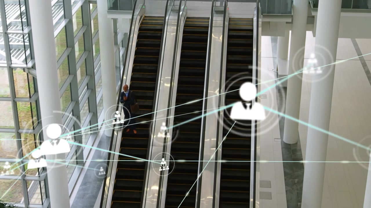 Animation of network of connection with icons over diverse businessman on escalator