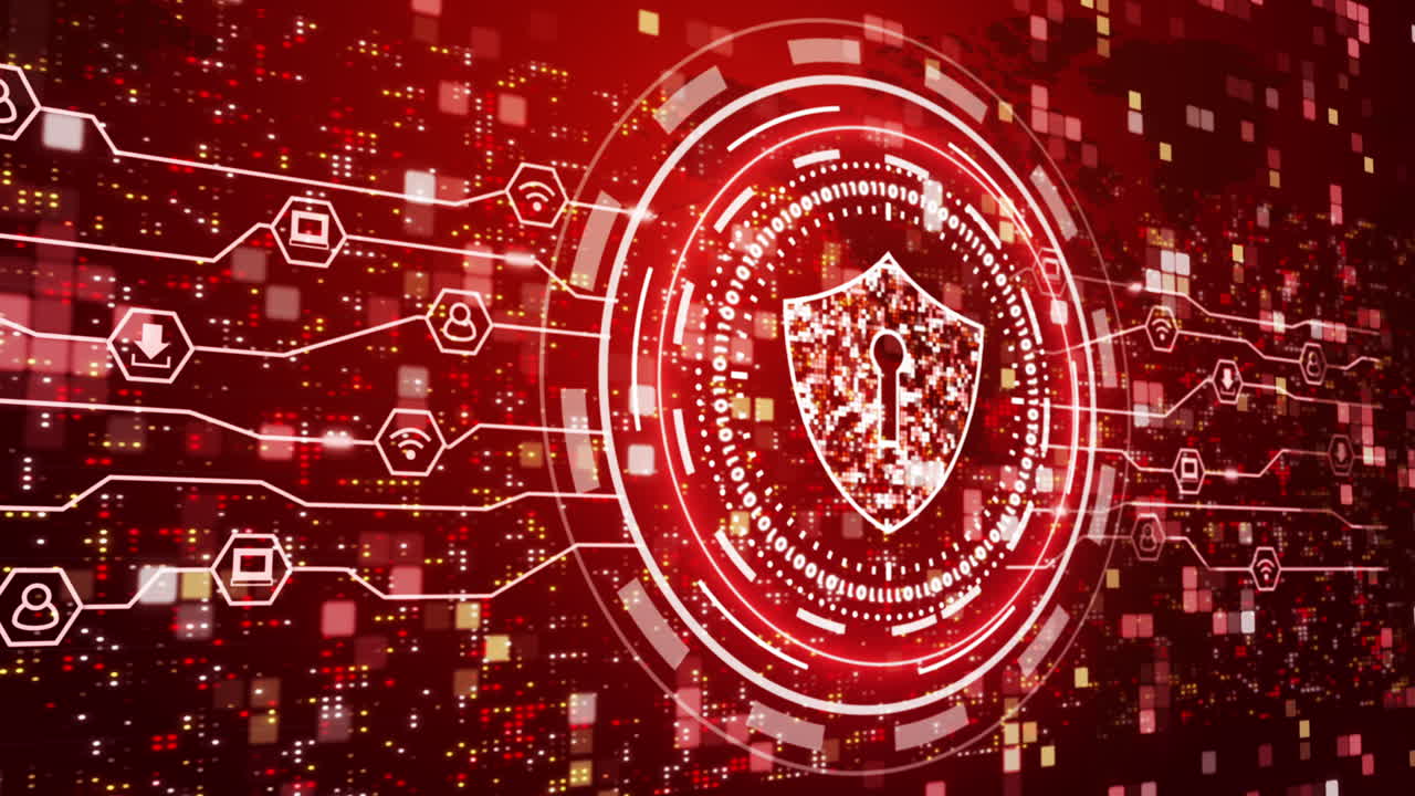 Cyber security shield neon icon. Digital protection of network data and users. Red background with flashing dots and lines.