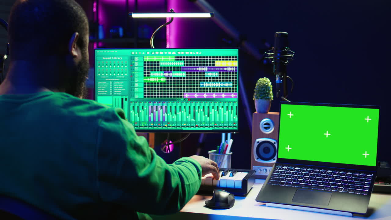 productor de música mezcla y masterización de canciones en interfaz de pc de postproducción digital